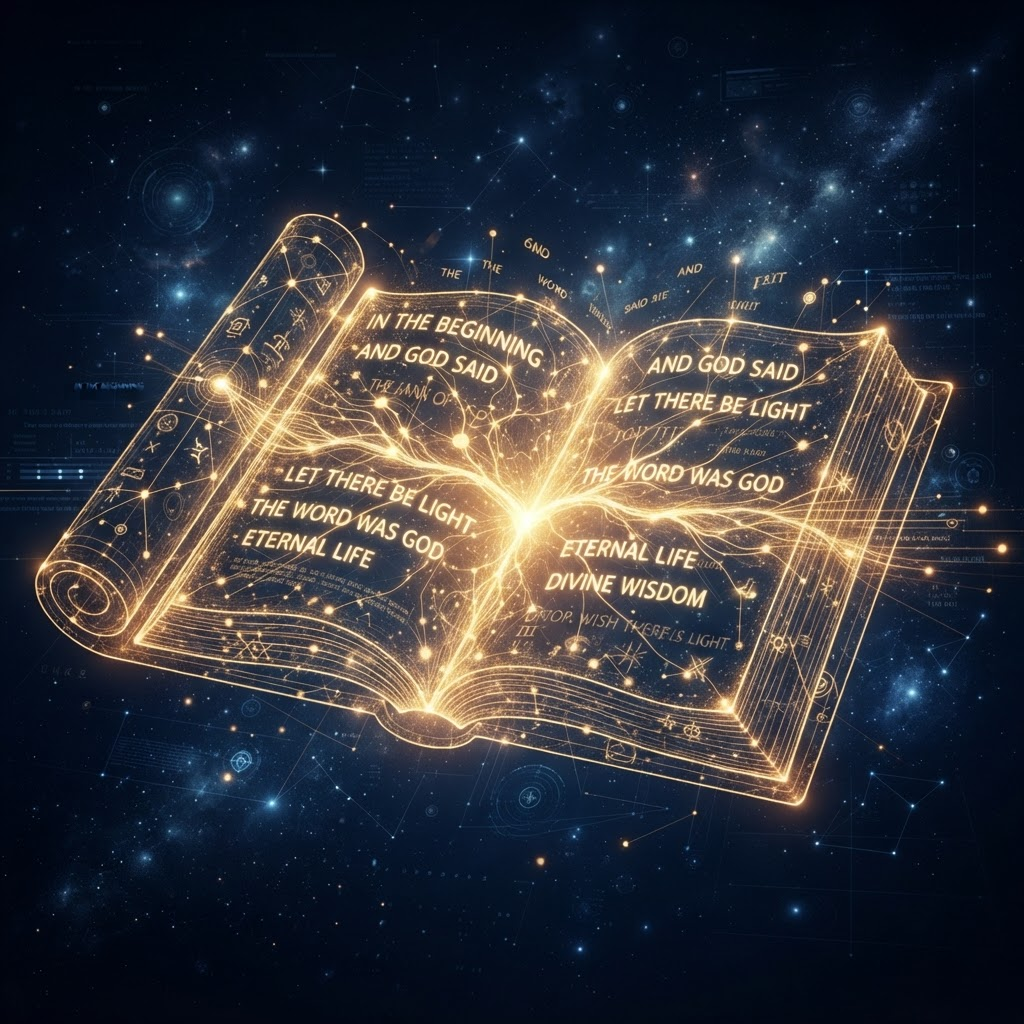 ASKSI AI scripture intelligence interface with glowing neural network and Bible