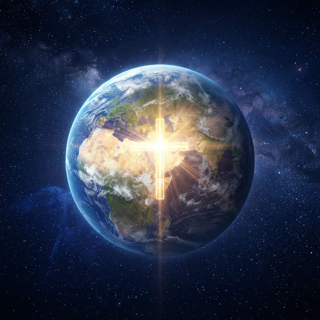 Planet Earth illuminated by divine golden light from the cross